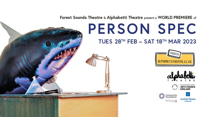 advertising image for Person Spec featuring an aillustrated shark sat at a work desk