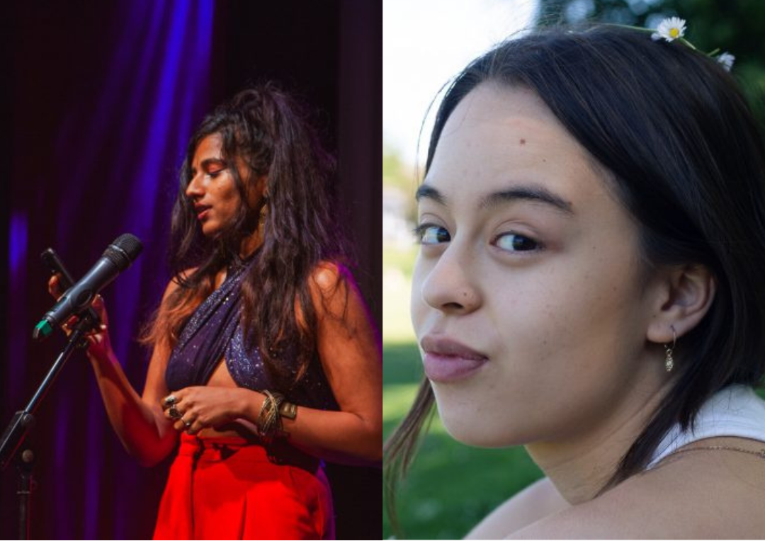 A photo of Prerana Kumar, an Indian woman with long brown hair tied back, she is wearing a red skirt and glittery blue top, and speaking into a microphone. The photo is next to a photo of Chloe Elliott, a British/Chinese Malaysian woman with shoulder length dark brown hair, wearing a white sleeveless top, looking at the camera and smiling.