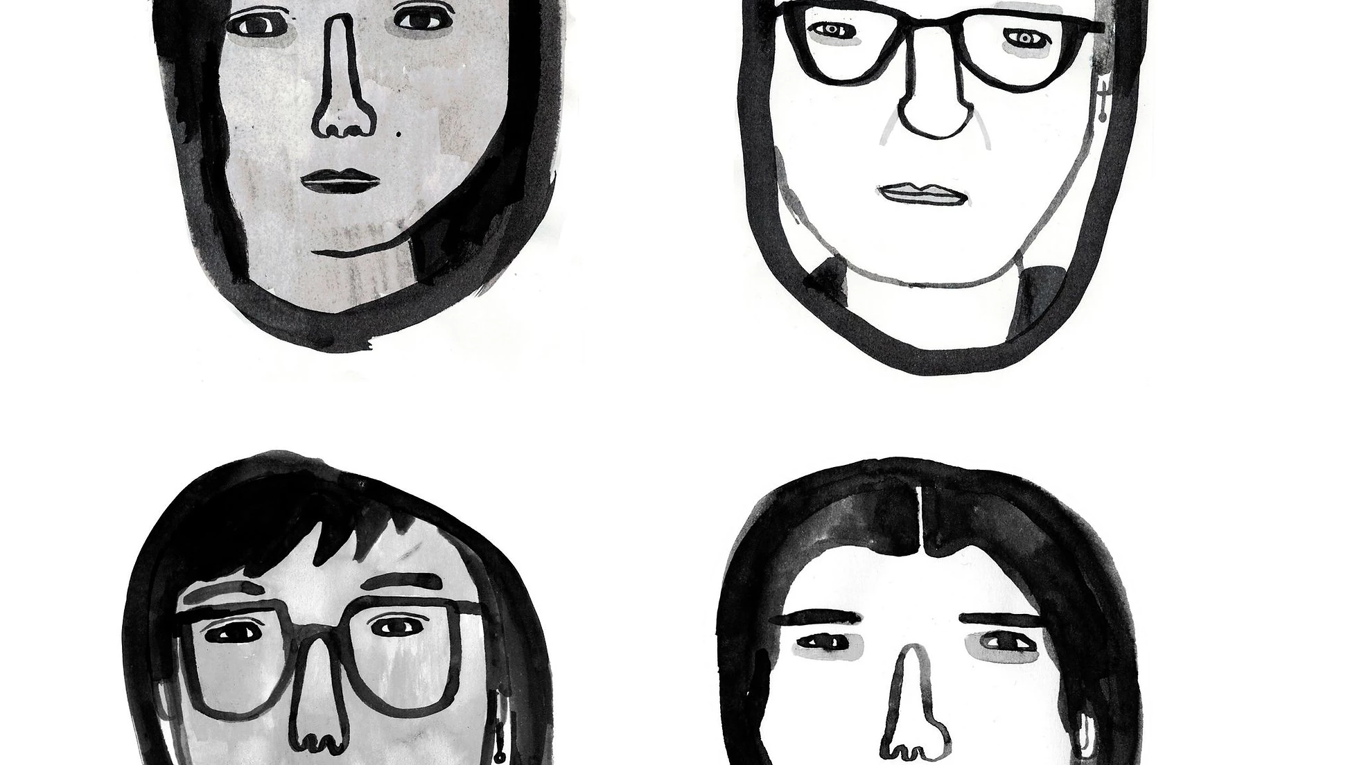 An ink illustration - a grid of four cartoon women's faces, all staring ahead. Two wear glasses. The image is cropped so the top of the top two women's heads are missing, and the bottom of the bottom two women's heads are missing.