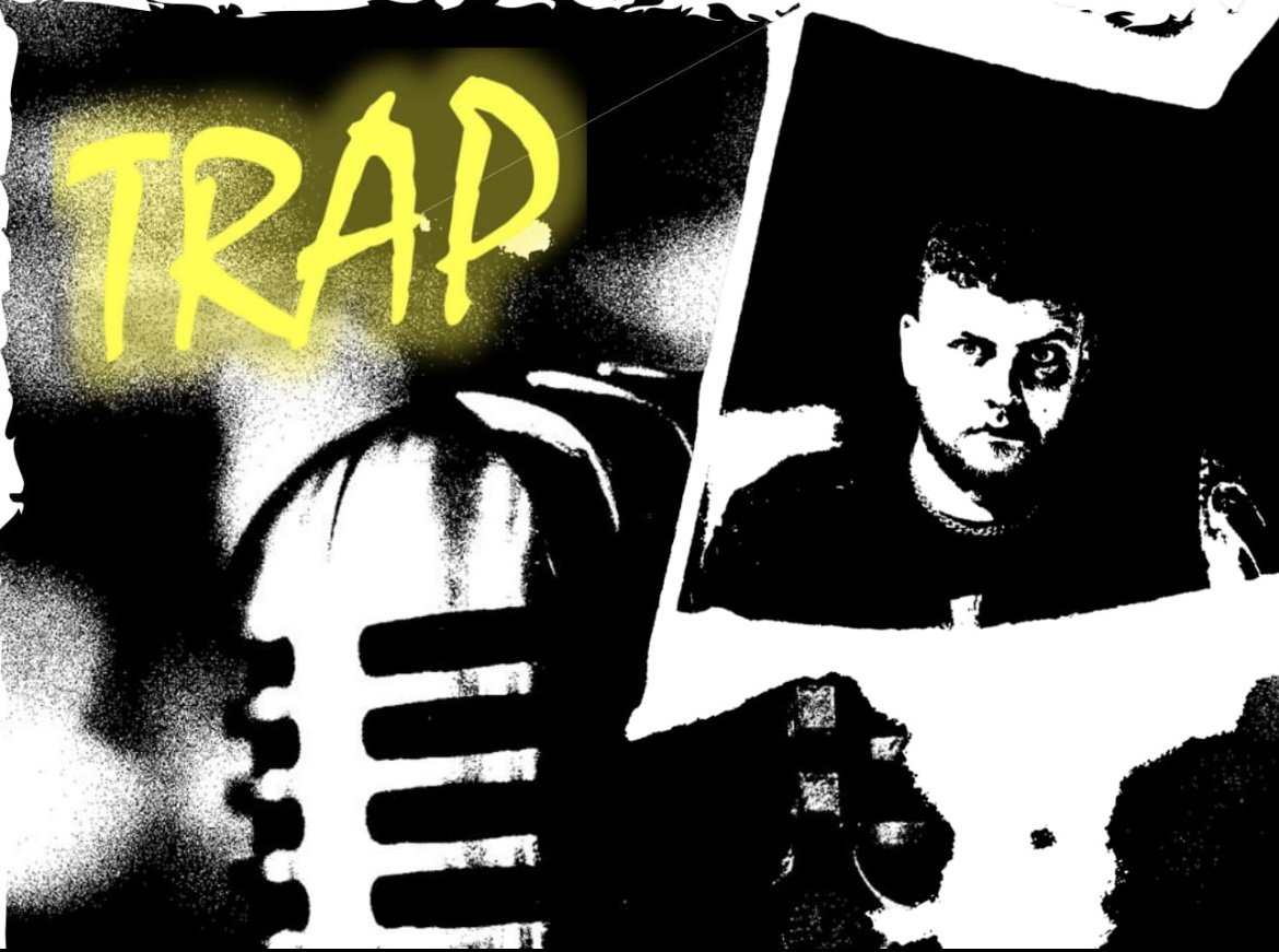 An advertising graphic for 'Trap' - it features a black and white collage of a photograph of a microphone, and a photograph of a white man with short cropped hair staring at the camera. Neon yellow text reading 'TRAP' is overlaid.