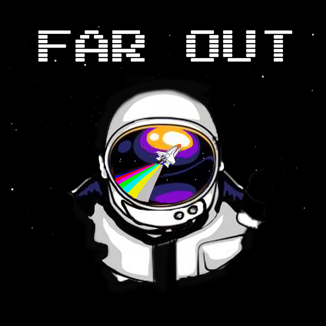 Far Out poster: an image of a pixelated astronaut