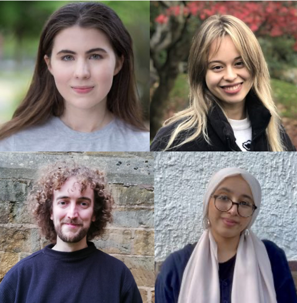 Four smiling headshots arranged in a square of Beth, Chloe, James and Tayiba