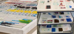 Glass strips and squares with coloured glass decoration waiting to go into the kiln