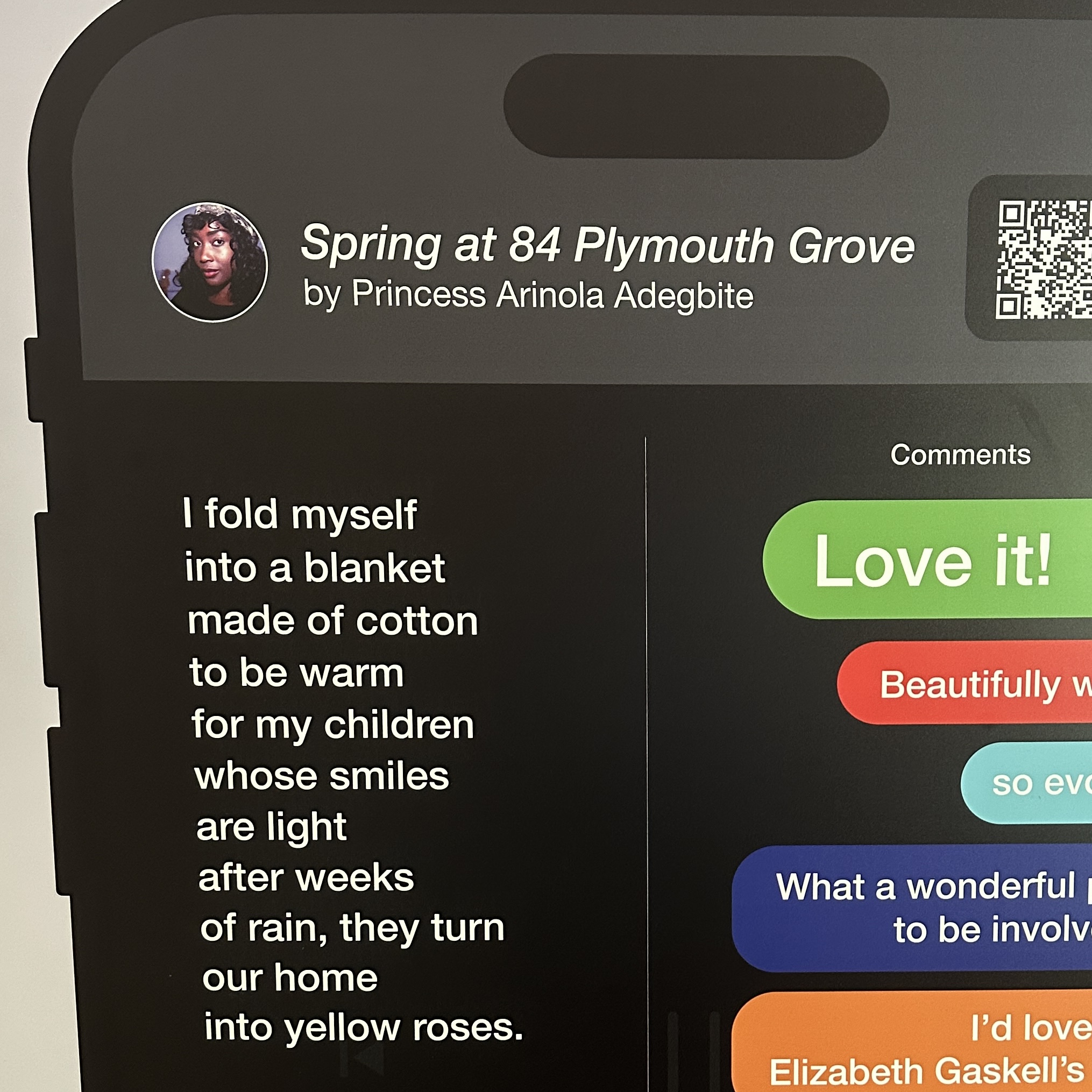 Part of the display mounted on a huge mobile phone we can see the top left quarter off with a poem by Princess Arinola Adegbite and feedback comments from the public.